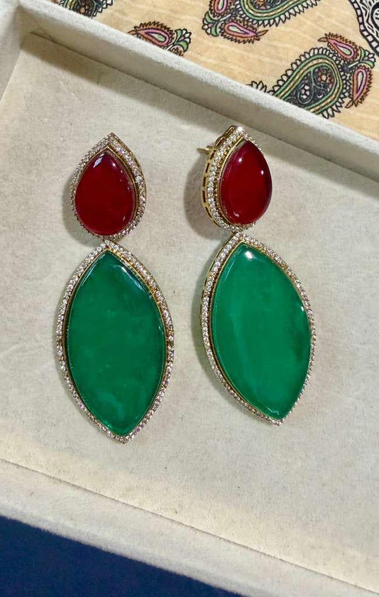 Gold Plated Emerald Green & Ruby Red Statement Earrings, Designer Drop