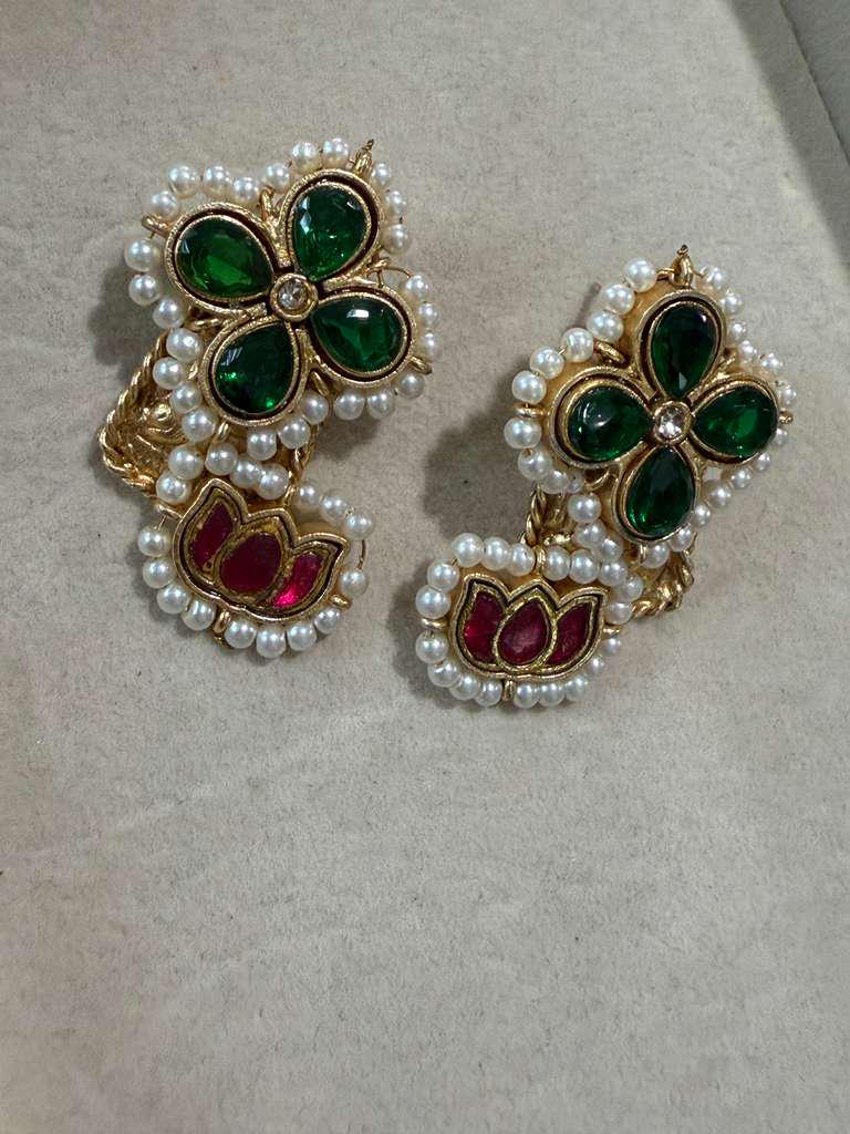Gold Plated Floral Pearl Stud Earrings, Emerald Green & Ruby Red Designer Earrings