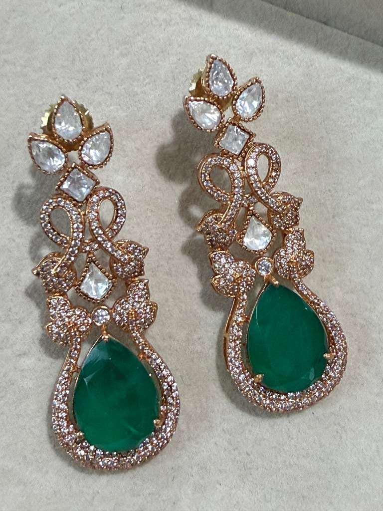 Gold Plated Emerald Green Teardrop Statement Earrings, Designer CZ Dangle Earrings