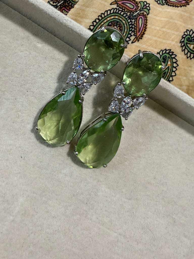 Silver Tone Green Drop Earrings, Faceted Pear Statement Earrings