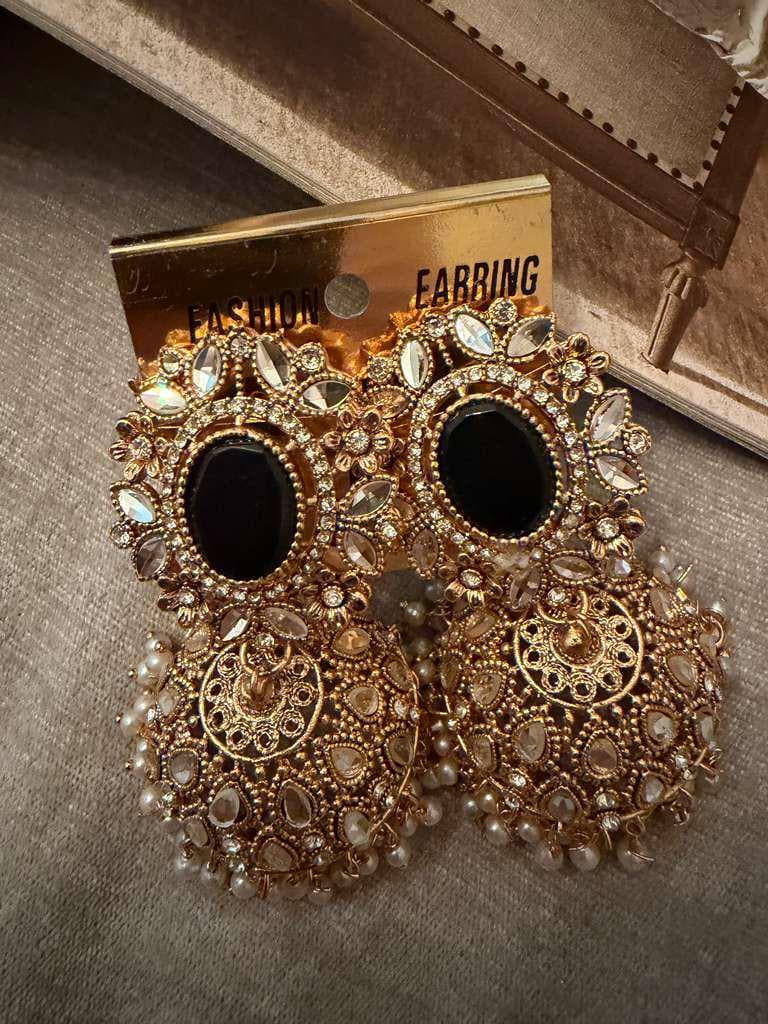 Black Stone Kundan Jhumka Earrings, Pearl Drop Statement Earrings, Indian Pakistani Bridal Jewelry
