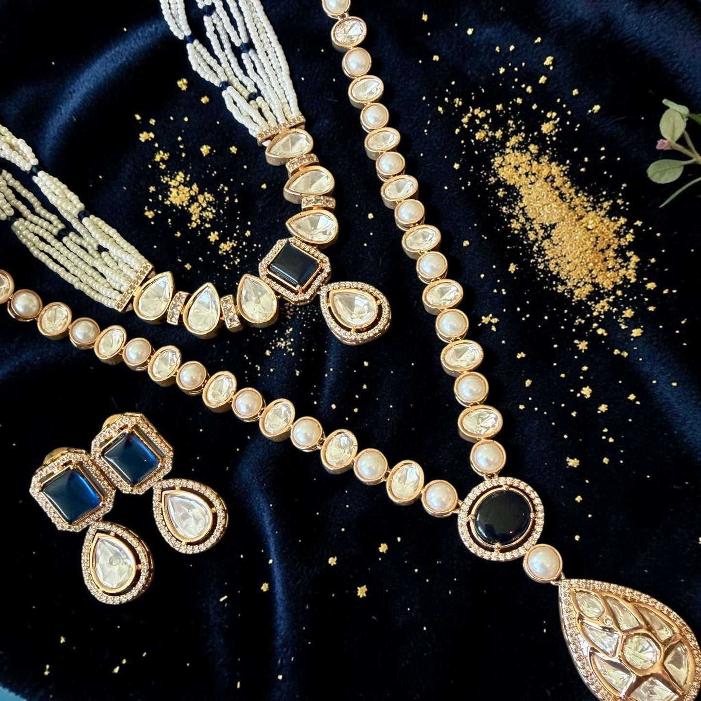 Saphire Jewelry, Gold Tone Bridal Necklace Set, monzonite stones gold plated Jewelry