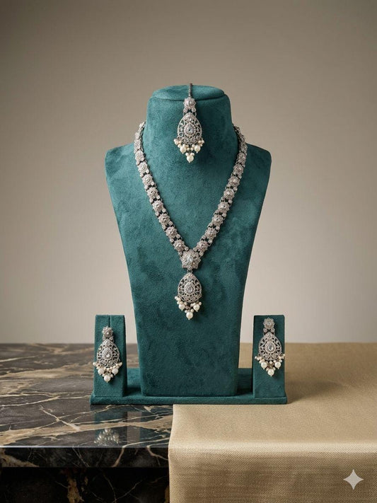Silver Tone Bridal Jewelry Set, CZ Necklace Set with Earrings & Maang Tikka