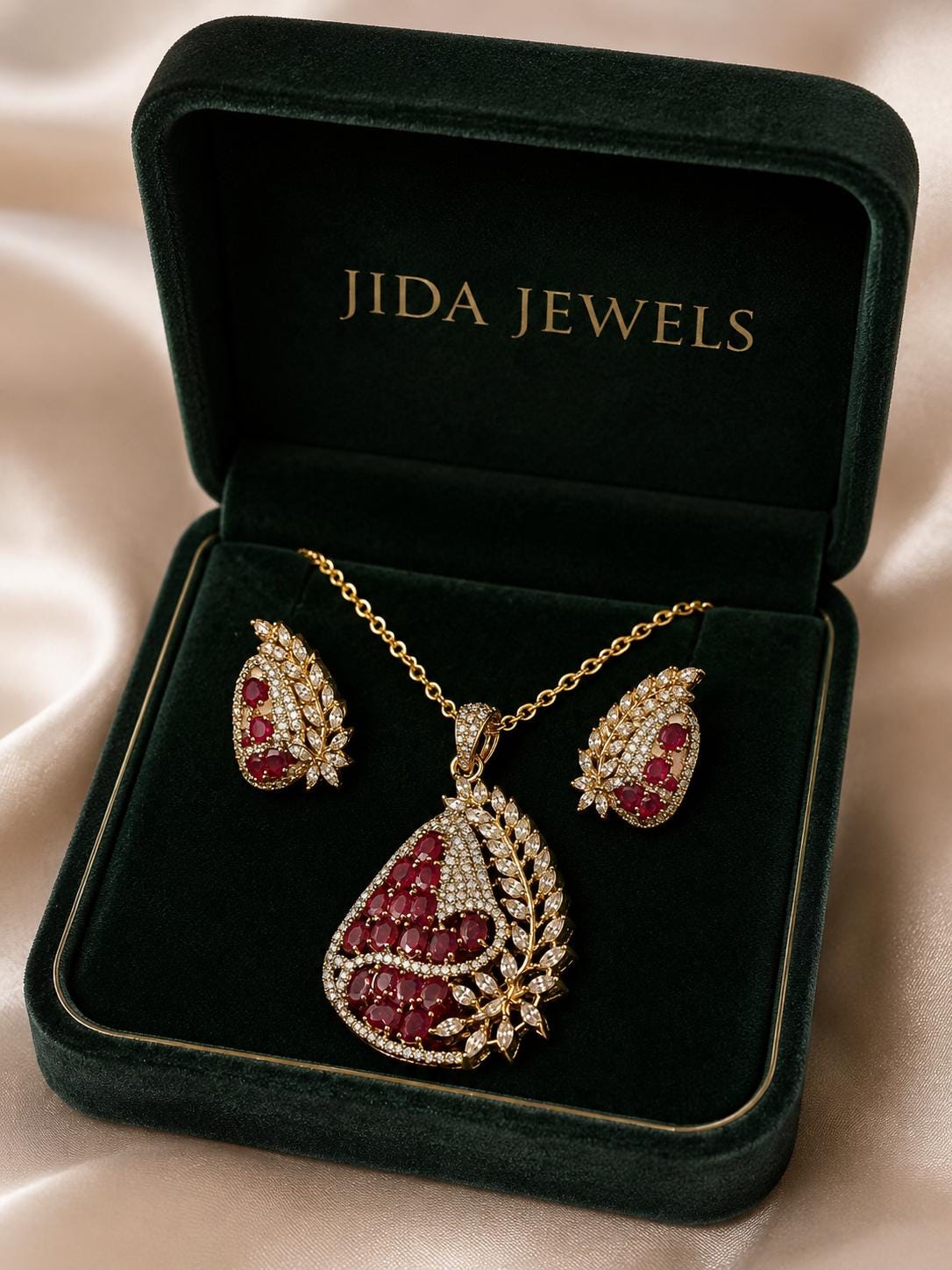 Gold Plated Ruby Pendant Set, CZ Pendant Necklace with Stud Earrings
