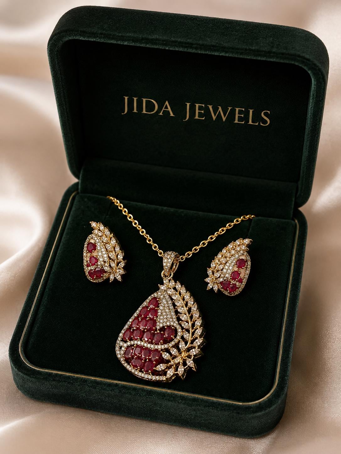 Gold Plated Ruby Pendant Set, CZ Pendant Necklace with Stud Earrings