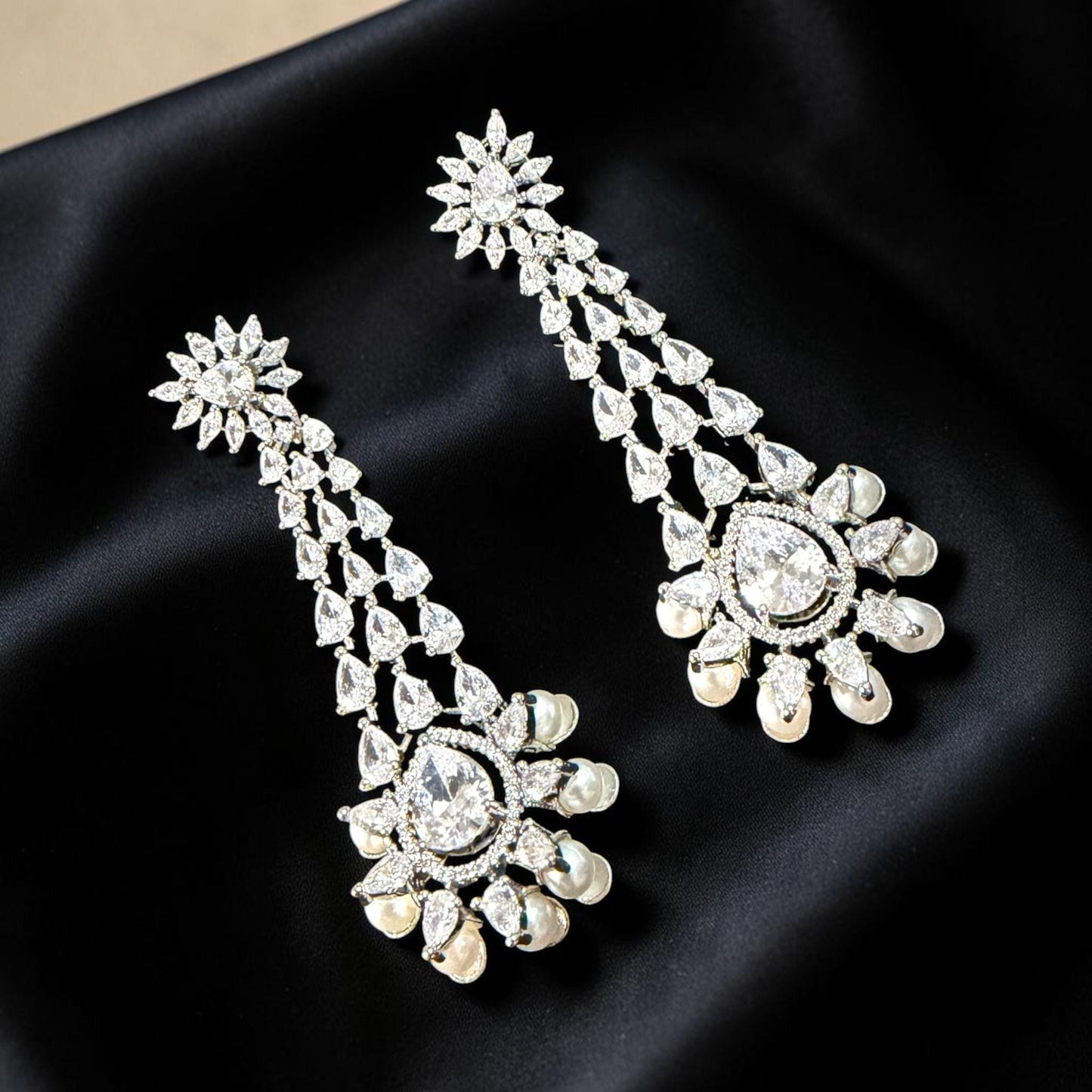 Luxury Pearl Drop Chandelier Earrings, Gold Plated CZ Bridal Earrings