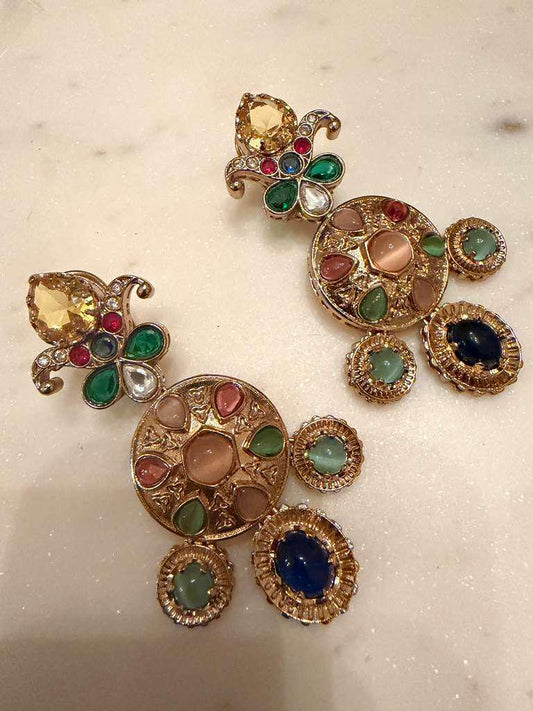 Gold Plated Multicolor Statement Earrings, Kundan Style Drop Earrings
