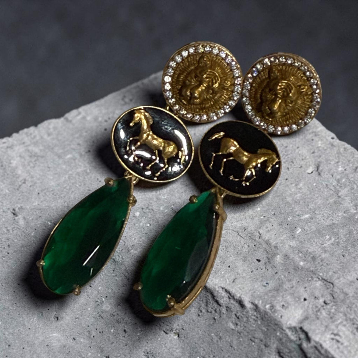 Emerald Green Drop Earrings, Horse Coin Statement Earrings, Gold Plated Dangle