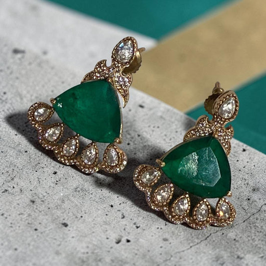 Emerald Green Stud Earrings, Gold Plated Pear Drop , Green Statement