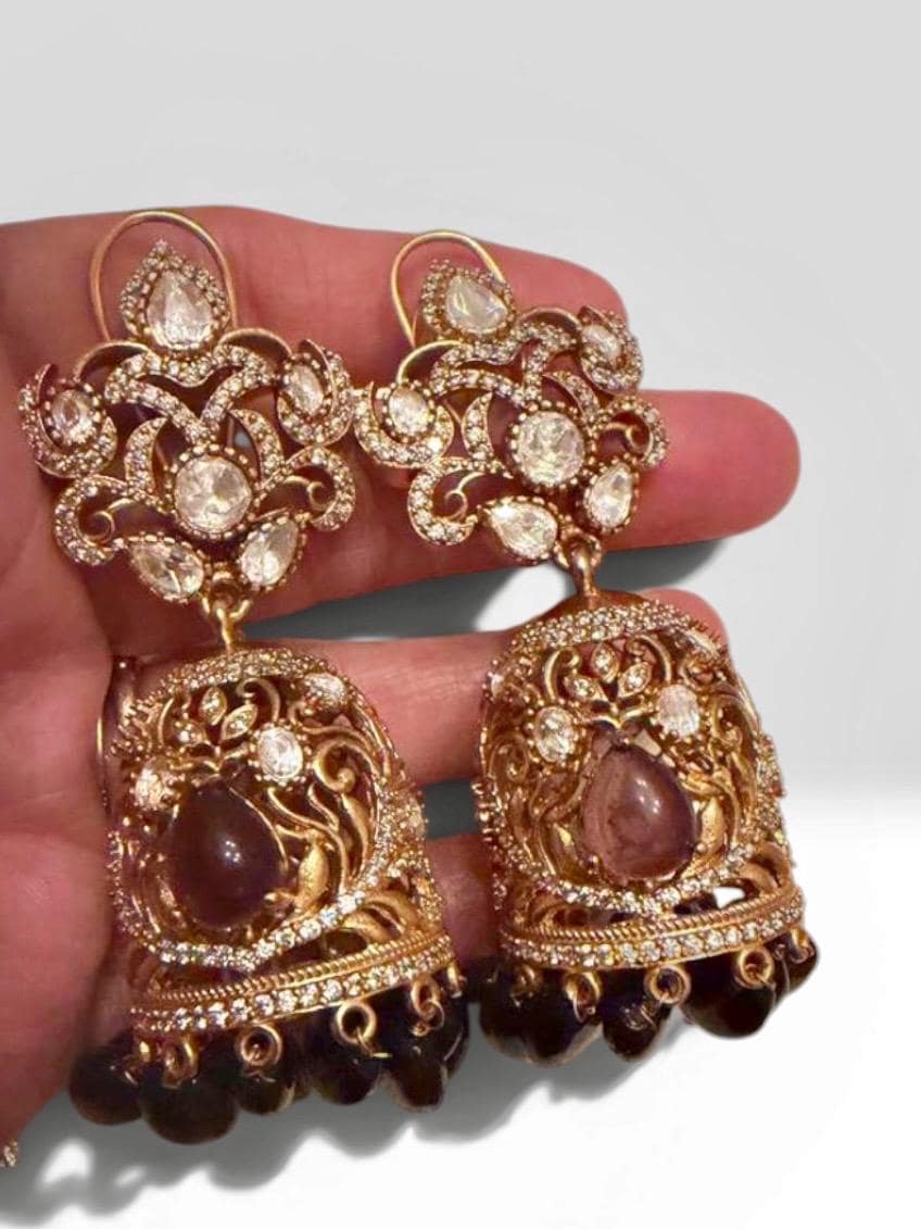 Jhumka Earrings, Gold Plated Statement Jhumkas, Kundan Style Earrings