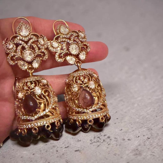 Jhumka Earrings, Gold Plated Statement Jhumkas, Kundan Style Earrings