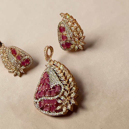 Gold Plated Ruby Pendant Set, CZ Pendant Necklace with Stud Earrings