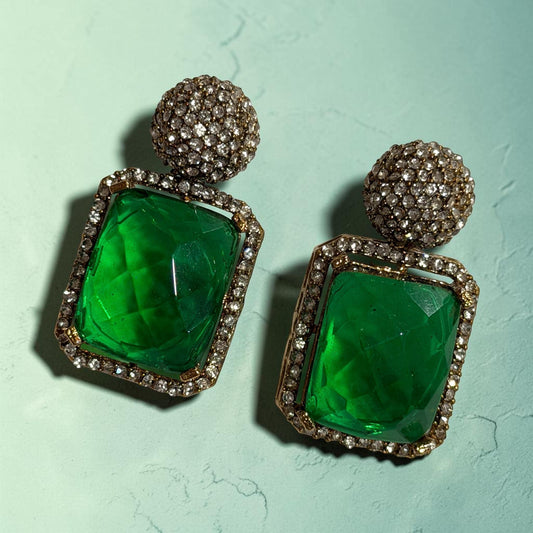 Emerald Green Statement Earrings, Gold Plated Rectangle Drop Earrings, Designer Cocktail