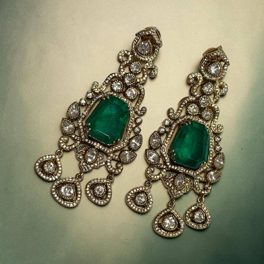 Emerald Green Statement Earrings, Gold Plated Chandelier Earrings