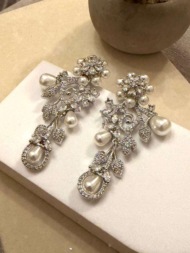 Silver Tone Pearl Drop Earrings, Cubic Zirconia Statement Earrings