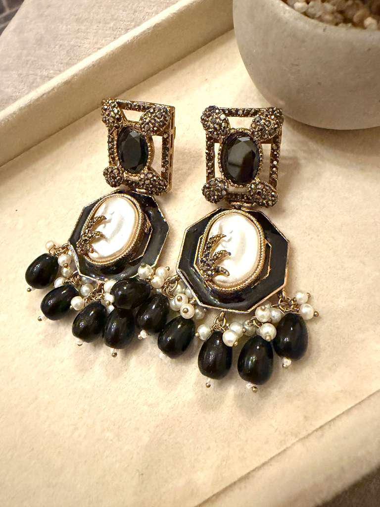 Gold Plated Black Statement Earrings, Pearl Drop Earrings, Kundan Style Dangle