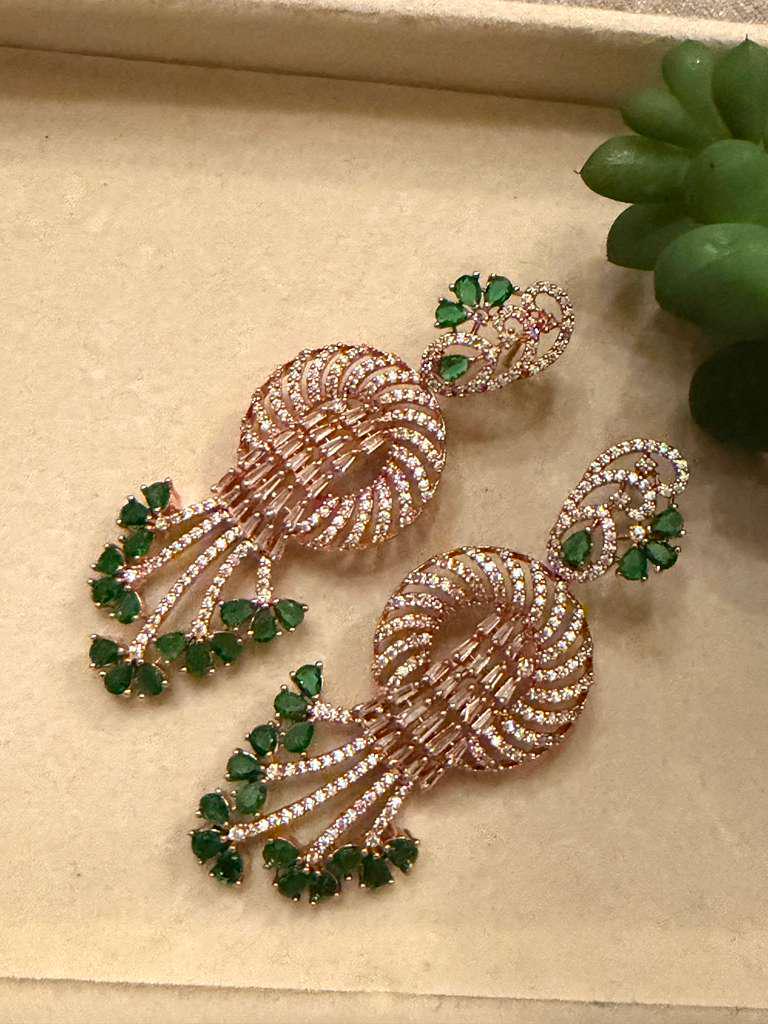 Gold Plated Emerald Green Statement Earrings, CZ Dangle Earrings