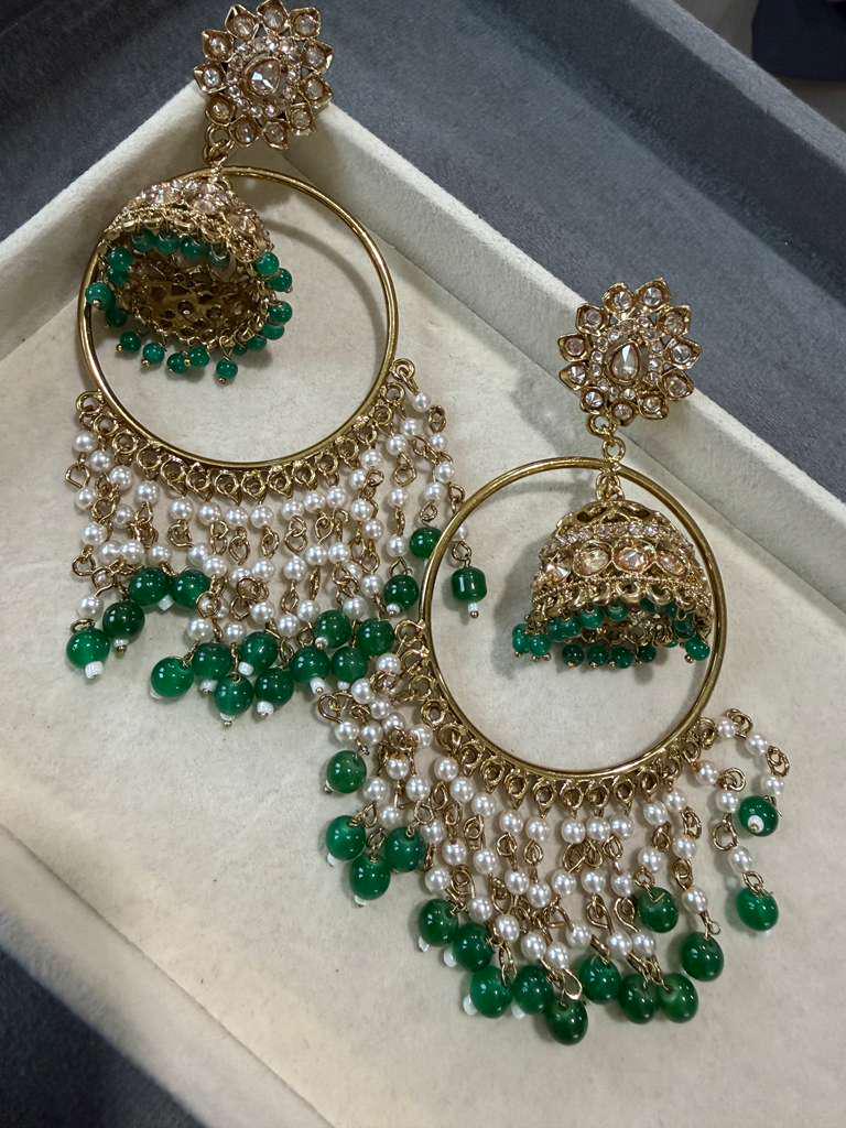 Gold Plated Hoop Jhumka Earrings, Green Beaded Chandbali Earrings