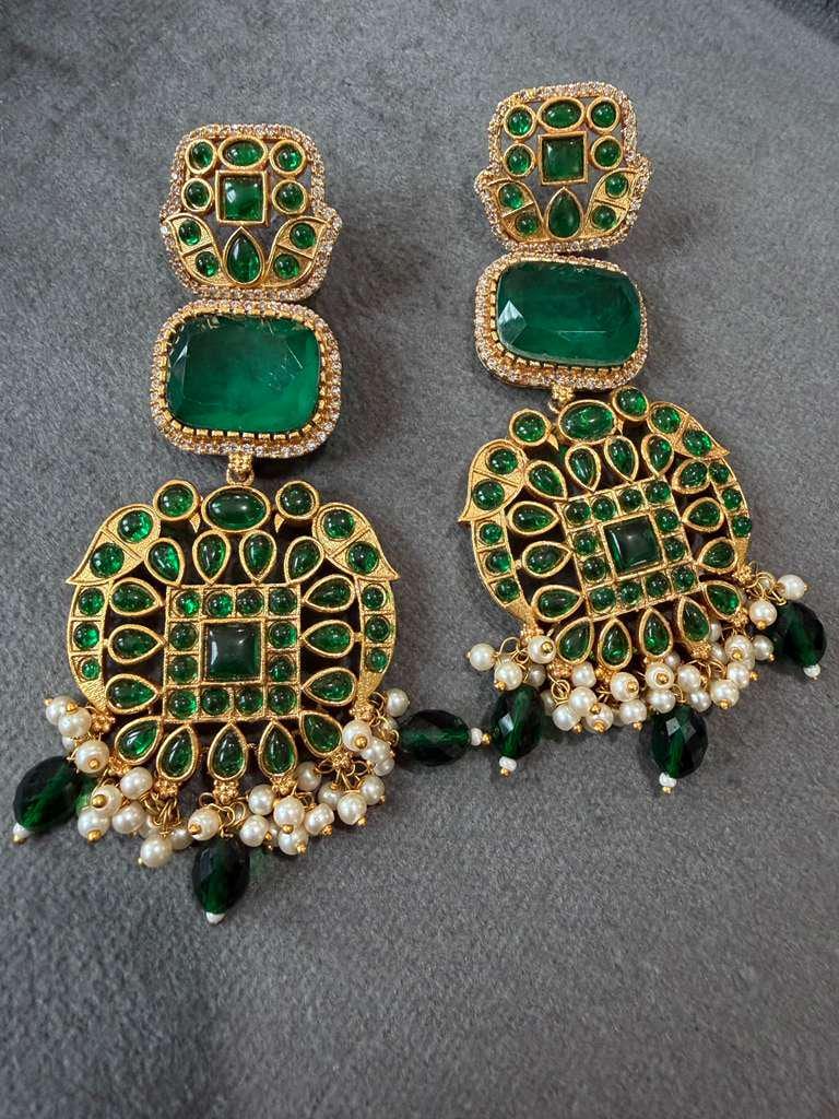Gold Plated Emerald Green Statement Earrings, Designer Chandbali Earrings