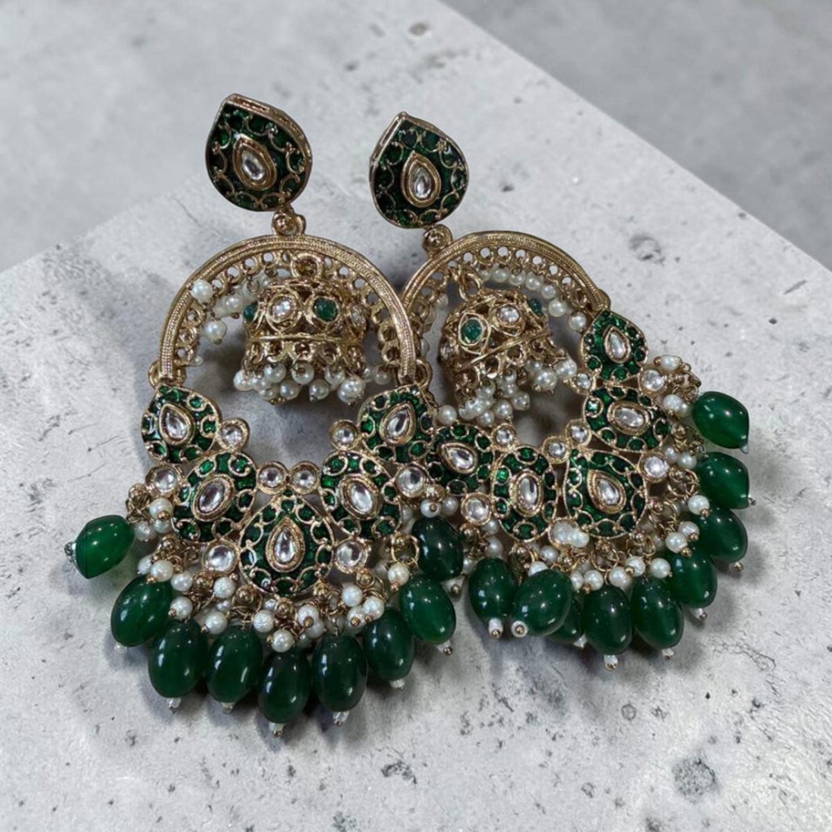 Gold Plated Green Chandbali Jhumka Earrings, Kundan Style Statement Earrings