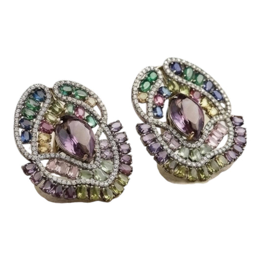 Gold Plated Multicolor Statement Stud Earrings, Peacock Inspired CZ Earrings