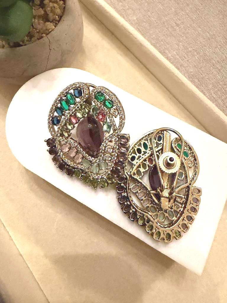 Gold Plated Multicolor Statement Stud Earrings, Peacock Inspired CZ Earrings