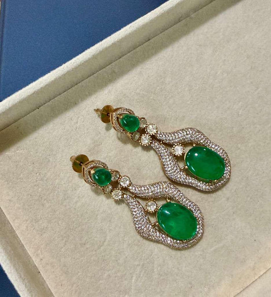 Gold Plated Emerald Green Statement Earrings, CZ Halo Drop Earrings
