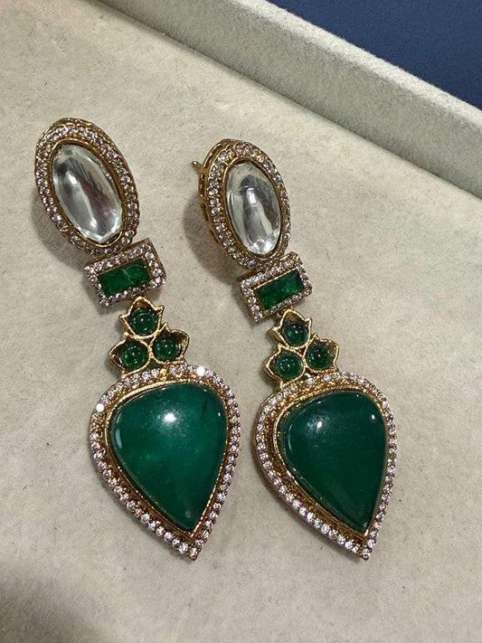 Gold Plated Emerald Green Statement Earrings, Designer CZ Drop Earrings