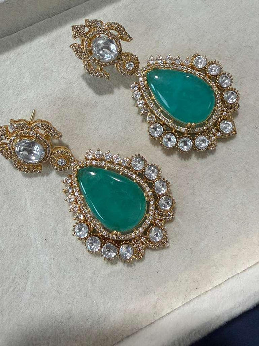 Gold Plated Emerald Green Statement Earrings, Teardrop CZ Dangle Earrings