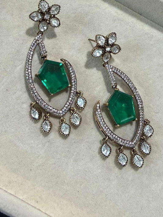 Gold Plated Emerald Green Statement Earrings, Designer CZ Drop Earrings