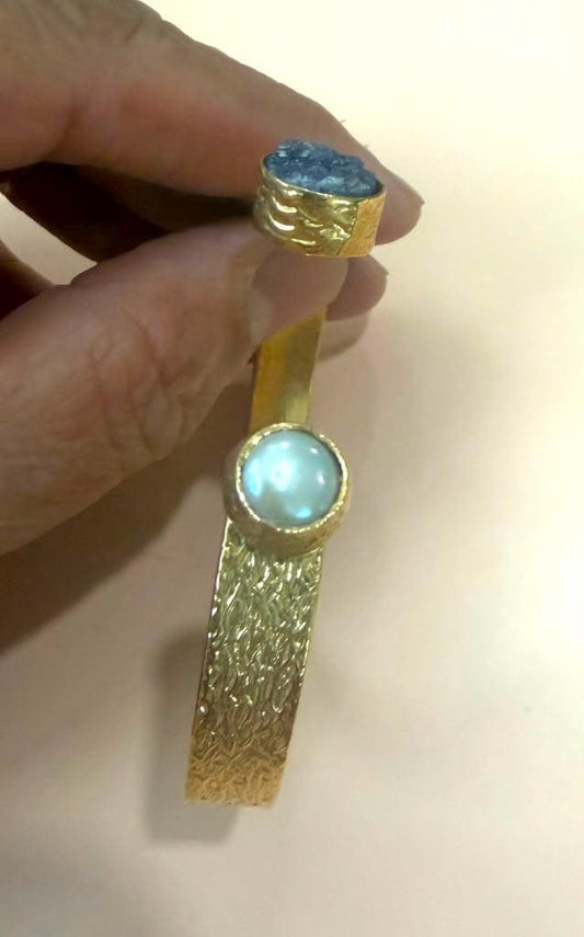Gold Plated Gemstone Cuff Bracelet, Blue Stone Open Bangle, Minimalist Adjustable Bracelet