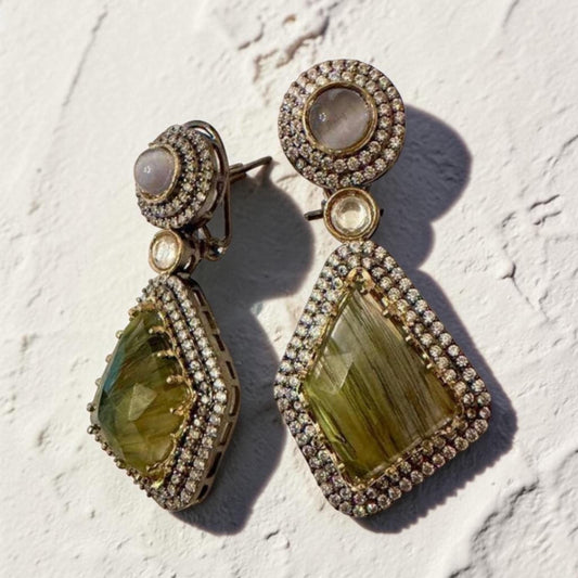 Green Gemstone Drop Earrings, Vintage Statement Dangle Earrings