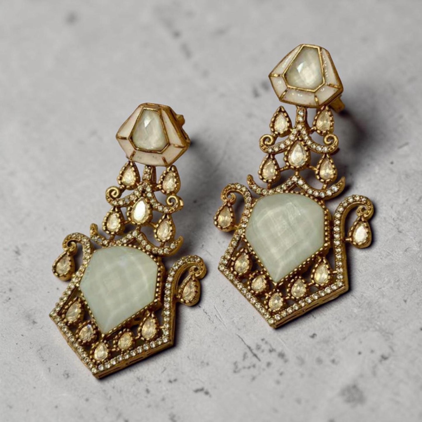 White Ivory Geometric Statement Drop Earrings, Gold Tone Alloy, Rhinestones