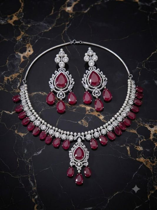 Elegant Highend designer Silver Tone Jewelry Set with Ruby Red Stones for Receptions and Occasions Statement piece