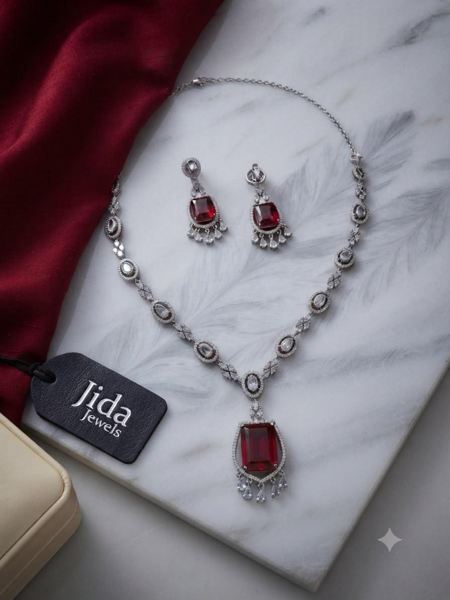 Elegant Silver Tone Ruby Red Bridal Necklace Set with Matching Earrings for Special Occasions