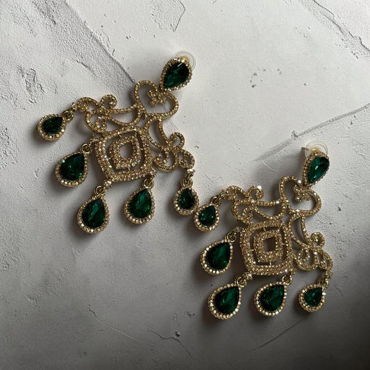 Emerald Green Statement Earrings, Gold Plated Chandelier , Green Teardrop