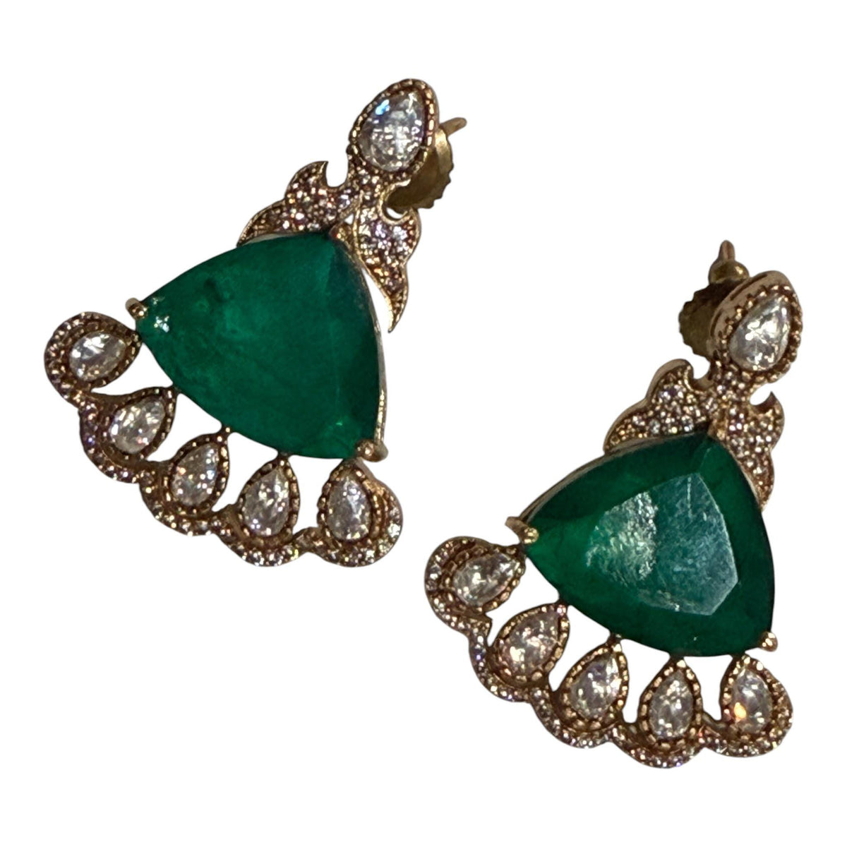 Emerald Green Stud Earrings, Gold Plated Pear Drop , Green Statement