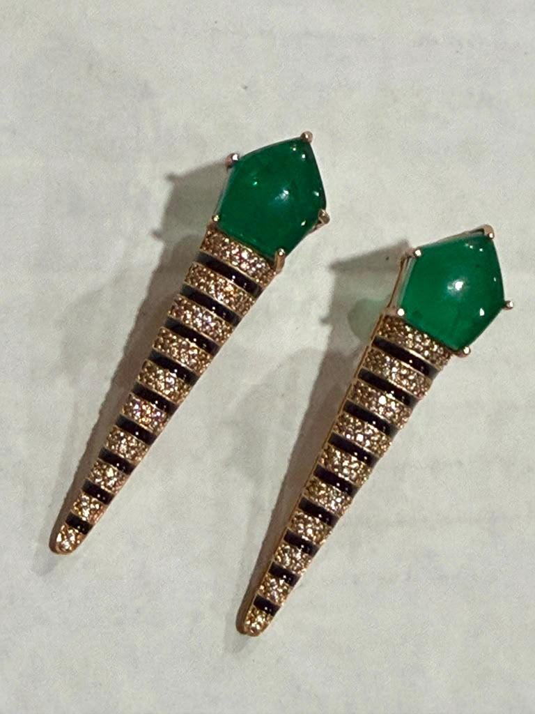Green Stone Spike Drop Earrings, Gold Plated Statement Earrings, Geometric Dangle