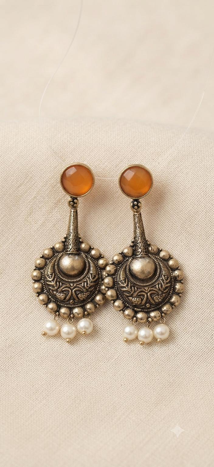 Vintage Tribal Drop Earrings, Silver Tone Pearl Dangle Earrings