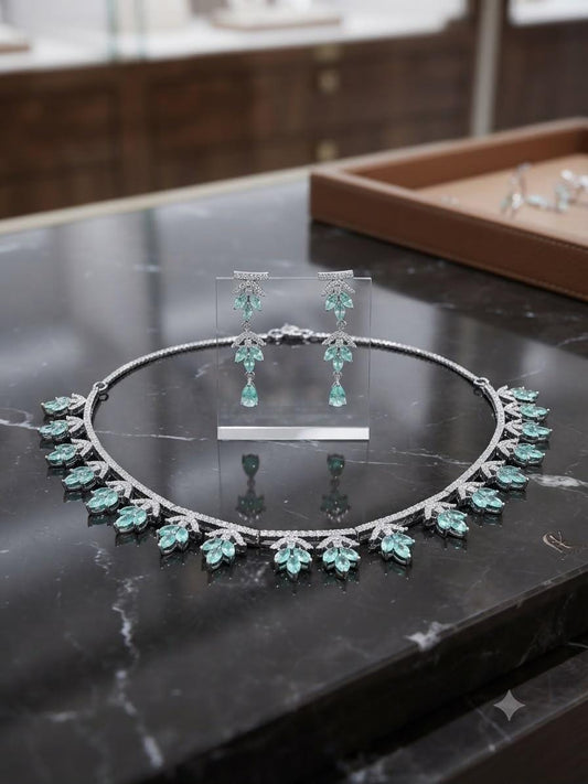Elegant Leaf Motif Necklace Set with Simulated Emerald Stones