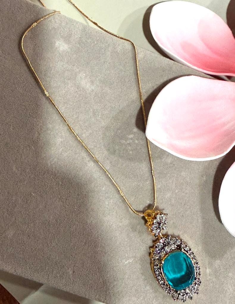 Gold Plated Statement Necklace with Aqua Blue Oval Pendant, CZ Detailing