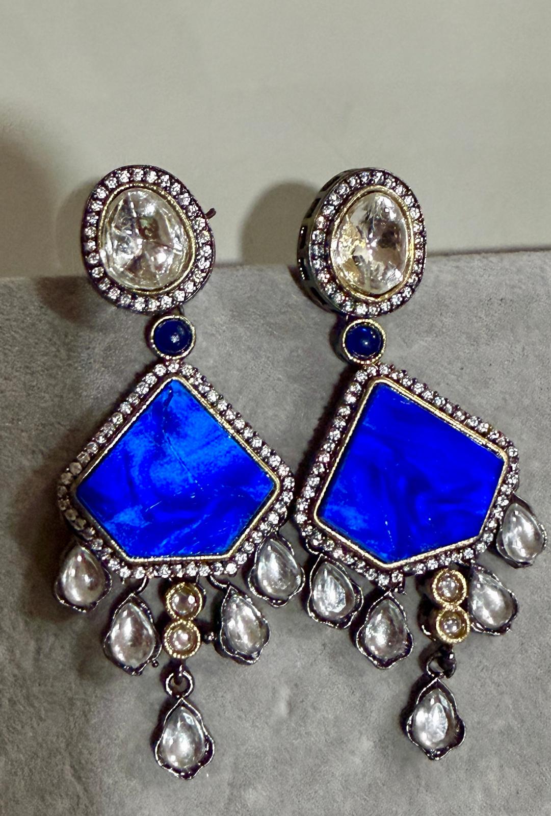 Contemporary Pentagon Drop Earrings Featuring Navy Blue Accents and Modern Designer Style