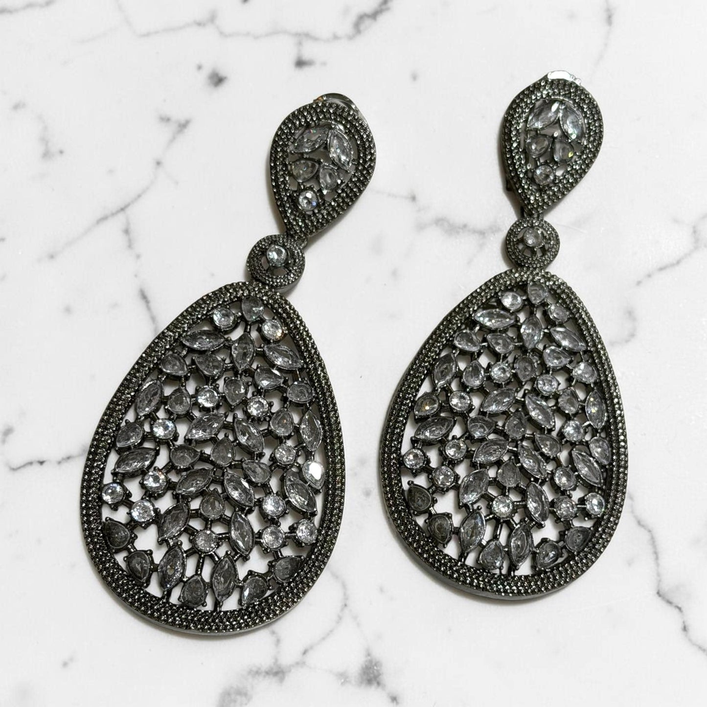 Elegant Black Finish Drop statement Earrings, Oversized Teardrop Filigree Earrings for Party and Evening Wear