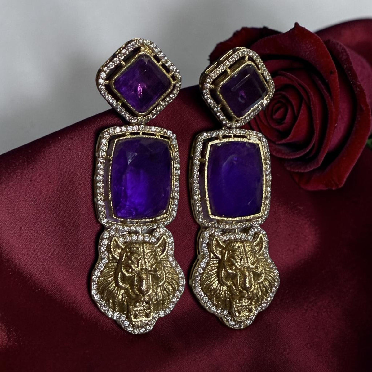 Gold Plated Tiger Head Drop Earrings, Designer Animal Motif Jewelry for Women