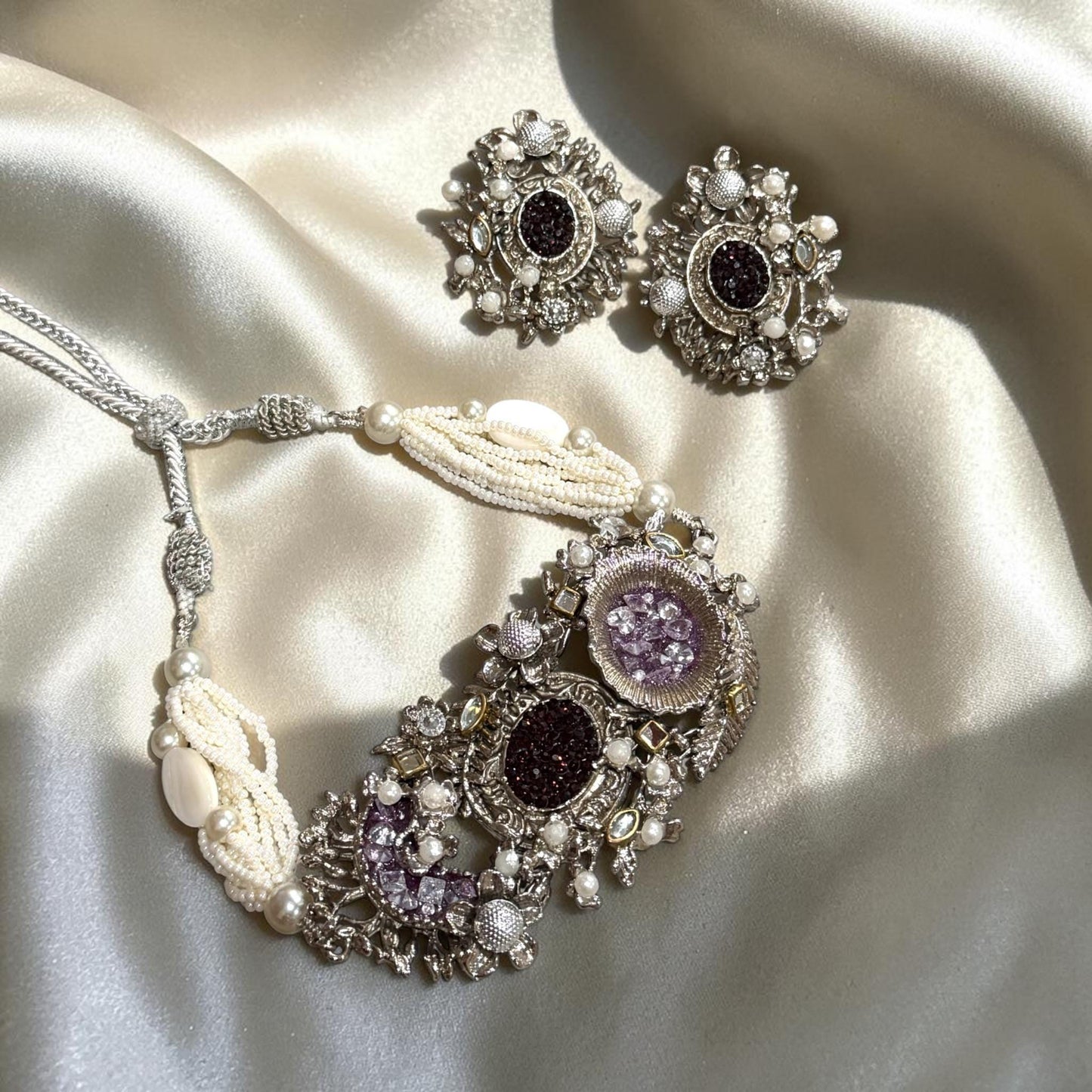 Floral Necklace Set,lilac Statement Choker/ Necklace, Matching Earrings, Wedding Jewelry