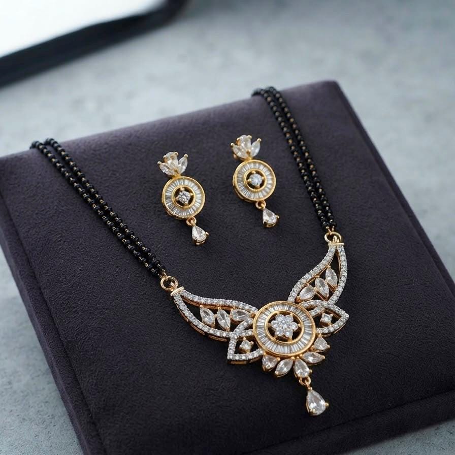 Elegant Gold Tone Mangalsutra Necklace Set with Matching Drop Earrings for Weddings