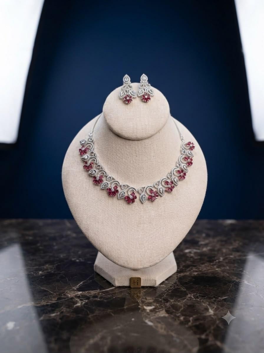 Elegant Silver Tone Ruby Red Floral Necklace Set with Matching Earrings for Special Occasions