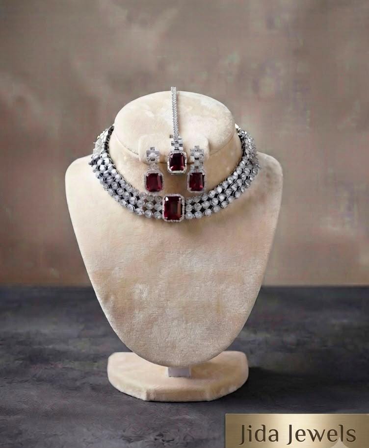 Statement Cubic Zarconia Necklace Set with Ruby Red Stones for Weddings and Parties