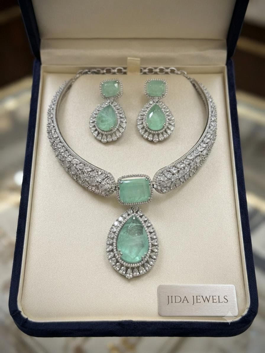 Designer Aqua Green Necklace Set for Weddings and Special Occasions
