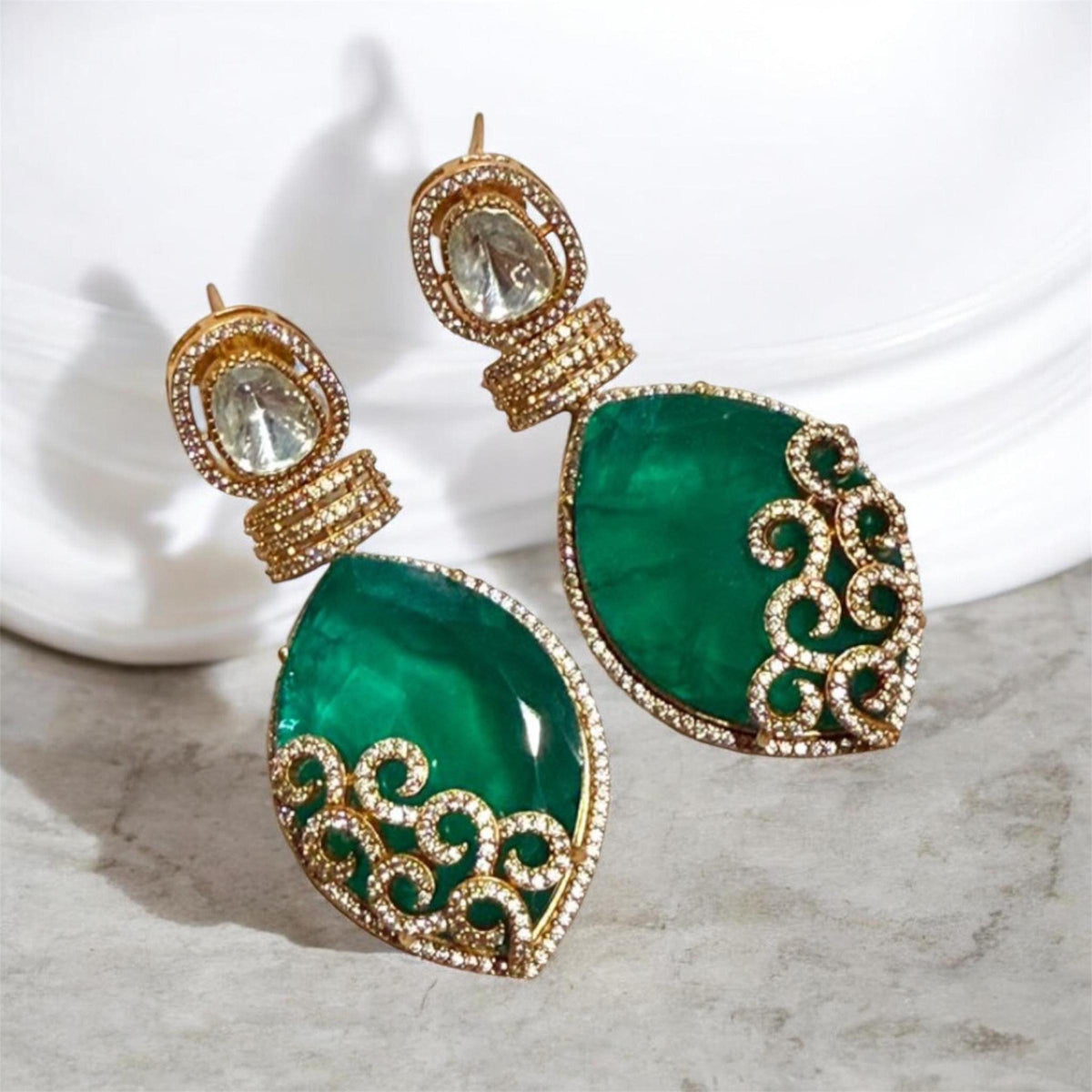 Sophisticated Emerald Drop Earrings with Premium Gold Plated Detail
